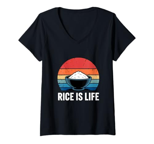 Damen Rice is Life Retro-Sonnenuntergang T-Shirt mit V-Ausschnitt Damen Rice is Life Retro-Sonnenuntergang T-Shirt mit V-Ausschnitt von Rice Food