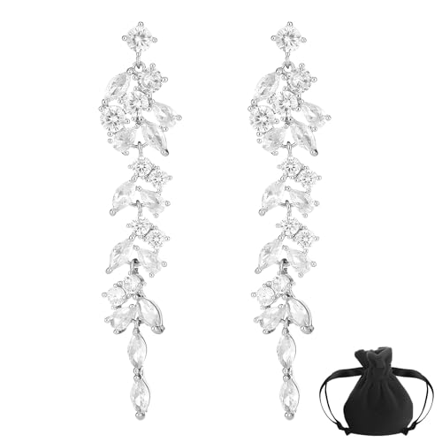 Riceel Lange Strass Ohrringe, Hochzeit Strass Ohrringe Silber Blatt Cz Tropfen Ohrringe Diamant Quaste Baumeln Tropfen Ohrringe mit einer schwarzen Samttasche für Frauen Und Mädche von Riceel