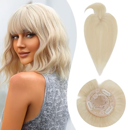 Rich Choices Echthaar Haarteil Topper mit Pony Damen Clip in Echthaar Topper Kurzes Haar Toupet Nahtlose Haarteil Echthaar Haare Extensions Remy Hair Topper (25cm Platinblond) von Rich Choices
