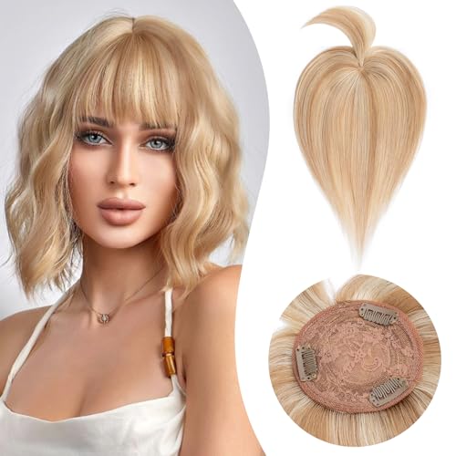 Rich Choices Echthaar Topper mit Pony - Damen Haarteil Toupet Bayalage Blond 25 cm - Clip in Kurzes Haar Nahtlose Echte Haare Extensions Remy Hair von Rich Choices