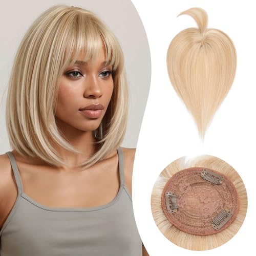 Rich Choices Echthaar Topper mit Pony Damen Haarteil Toupet Pony Blond Haarteil Echthaar Clip in Echthaar Topper Kurzes Haar Nahtlose Echte Haare Extensions Remy Hair Topper (30cm Balayage Blond) von Rich Choices