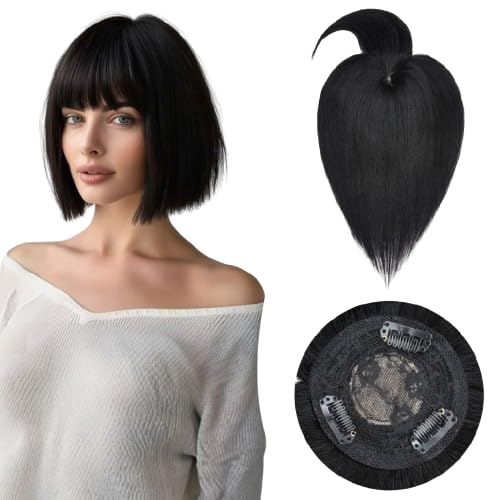 Rich Choices Echthaar Topper mit Pony Damen Haarteil Toupet Pony Schwarz Haarteil Echthaar Clip in Echthaar Topper Kurzes Haar Nahtlose Echte Haare Extensions Remy Hair Topper (25cm Lackschwarz) von Rich Choices