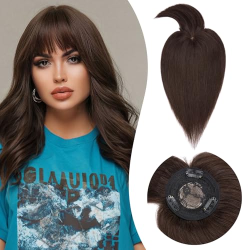 Rich Choices Haar Topper Damen Echthaar mit Pony Haarteil Toupet Dunkelbraun Haarteil Echthaar Clip in Echthaar Topper Kurzes Haar Nahtlose Echte Haare Extensions Remy Hair Topper (25cm Dunkelbraun) von Rich Choices
