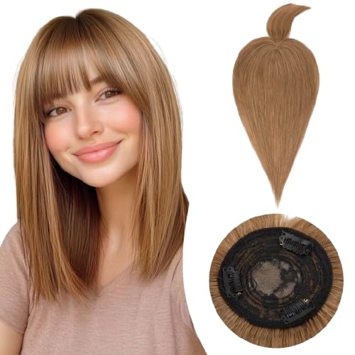 Rich Choices Haar Topper Damen Echthaar mit Pony Haarteil Toupet Hellbraun Haarteil Echthaar Clip in Echthaar Topper Kurzes Haar Nahtlose Echte Haare Extensions Remy Hair Topper (25cm Hellbraun) von Rich Choices