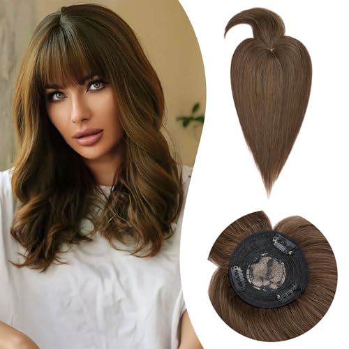 Rich Choices Haar Topper Damen Echthaar mit Pony Haarteil Toupet Mittelbraun Haarteil Echthaar Clip in Echthaar Topper Kurzes Haar Nahtlose Echte Haare Extensions Remy Hair Topper (25cm Mittelbraun) von Rich Choices