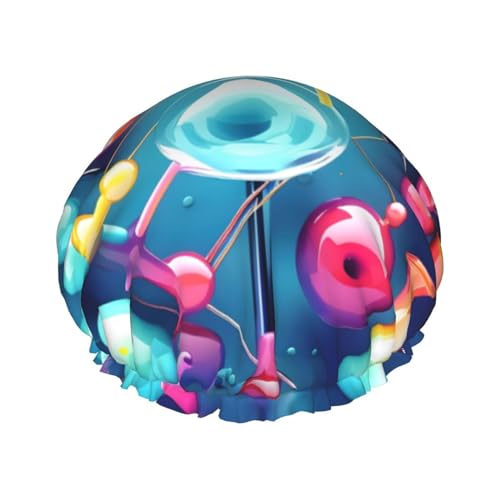 Rich&Rabbit 3D-Druck Abstrakte Wissenschaft 3D Illustration Duschhaube für Frauen Elastische Wiederverwendbare Badekappe Auslaufsicher Doppelschicht Duschhaube von Rich&Rabbit