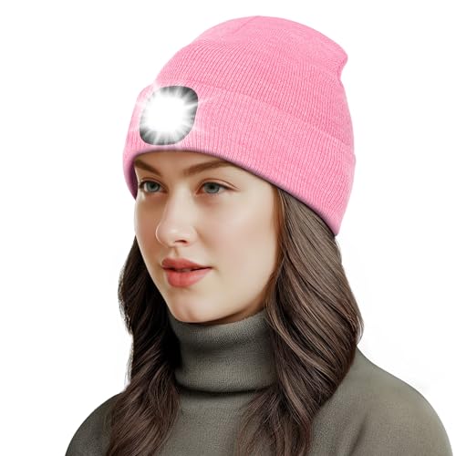 Richaa Geschenke für Frauen Weihnachten Mütze mit LED Licht Damen Wiederaufladbare LED Mütze Herren Winter Beanie Pink Stirnlampe Lustige Kleine Geschenke für Mama Freundin Paare Oma von Richaa