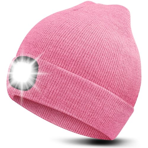Richaa Geschenke für Frauen Weihnachten Mütze mit LED Licht Damen Wiederaufladbare LED Mütze Herren Winter Beanie Pink Stirnlampe Lustige Kleine Geschenke für Mama Freundin Paare Oma von Richaa