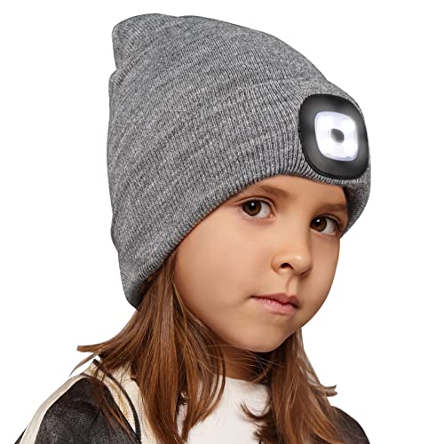 Richaa Geschenke für Kinder Weihnachten Mütze mit LED Licht Kinder Wiederaufladbar LED Strickmütze Wintermütze Grey Beanie Lustige Kleine Geschenke für Mädchen Jungen von Richaa