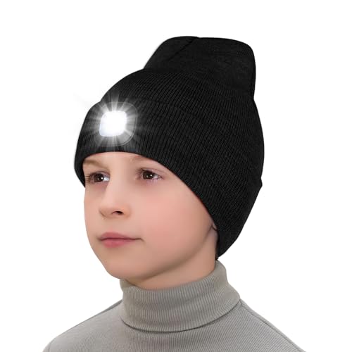 Richaa Geschenke für Kinder Weihnachten Mütze mit LED Licht Kinder Wiederaufladbar LED Strickmütze Wintermütze Schwarz Beanie Lustige Kleine Geschenke für Mädchen Jungen von Richaa