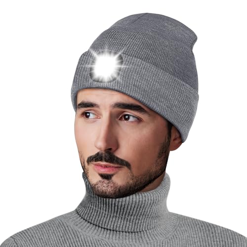 Richaa Geschenke für Männer Weihnachten Mütze mit LED Licht Herren Wiederaufladbare LED Mütze Damen Winter Beanie Grau Stirnlampe Lustige Kleine Geschenke für Papa Freundin Paare von Richaa