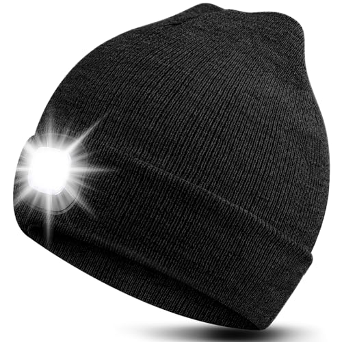 Richaa Geschenke für Männer Weihnachten Mütze mit LED Licht Herren Wiederaufladbare LED Mütze Damen Winter Beanie Schwarz Stirnlampe Lustige Kleine Geschenke für Papa Freundin Paare von Richaa