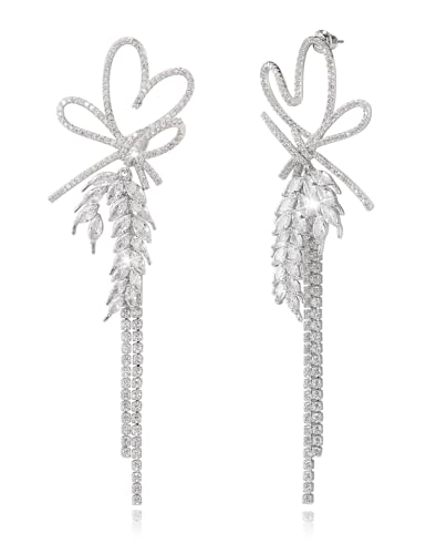 Ohrringe Silber 925 Lange Quasten-Ohrringe für Damen Mädchen Tassel Dangle Strass Kristall lange Schleifen Ohrringe Boho Strass Ohrringe Hochzeit Schmuck für Brautjungfer Damen von Richapex