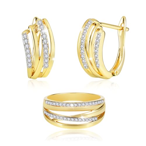 Richapex Gold Schmuck Set Damen, Goldene Creolen Ohrringe & Fidget Ring mit Zirkonia, Elegantes Geschenk für Jahrestag, Geburtstag & Valentinstag(8) von Richapex