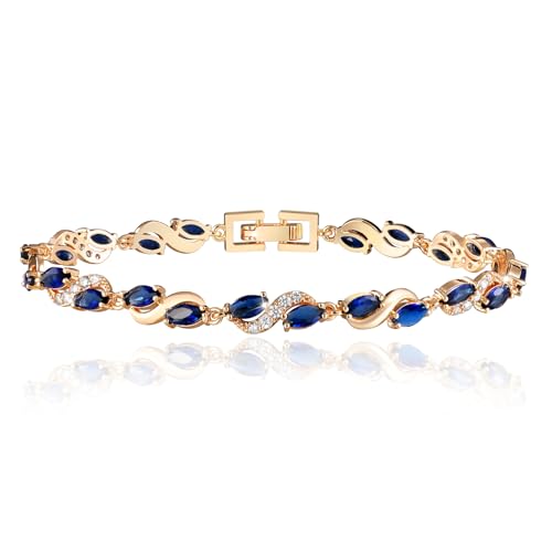 Richapex Tennis Armband für Frauen 18K Gold plattiert Elegant Trendig Blaue Steine Blatt Armband Schmuck mit Cubic Zirkonia von Richapex