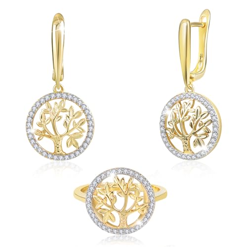 Richapex Lebensbaum Gold Ring und Ohrringe Set, Schmuck Set Ohrringes Goldene Hängend Damen, Geburtstagsge Bijoux für Frauen, Ring Größe 7 8 9 10(8) von Richapex