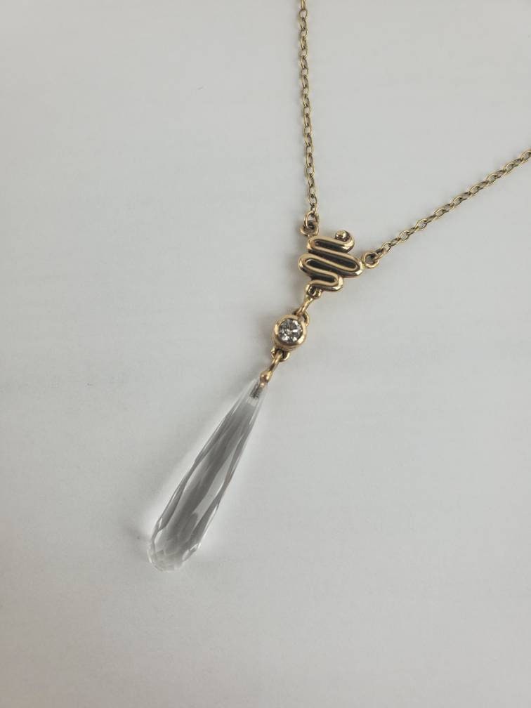 14Kt Solid Gelbgold Squiggle Quarz & Diamant Lariart Y-Halskette, April Geburtsstein von RichelleJewelry