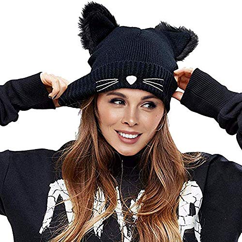 Richoose Strickmütze Damen Winter Strickmütze Mütze Damen Mode Wolle Nette Katzeohren Knit Beanie Hüte Schwarz von Richoose