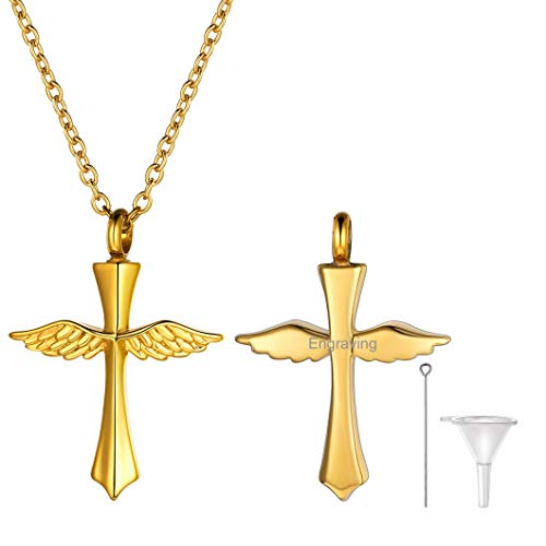 Richsteel Edelstahl Memorial Asche Andenken goldene Halskette mit Flügel Kreuz als Erinnerung Schmuck für Damen und Herren von Richsteel