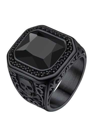 Richsteel Biker Ring Schmuck für Männer Jungen Schwarzer Achat Erhöht mit Zirkon Schwarz Totenkopf X Bone Edelstahl Größe 67.5 Farbe Schwarz von Richsteel