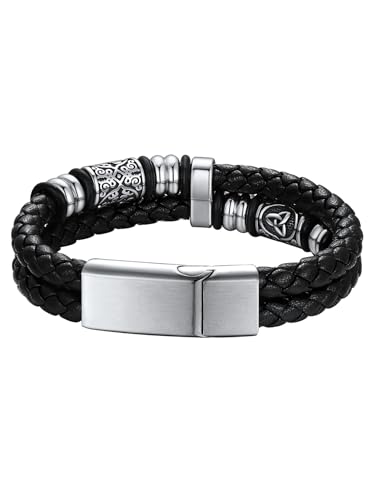 Richsteel Doppelreihiges Leder Armband für Herren mit Magnetverschluss aus Edelstahl Armspange Armband Keltische Elemente 19cm Silber von Richsteel