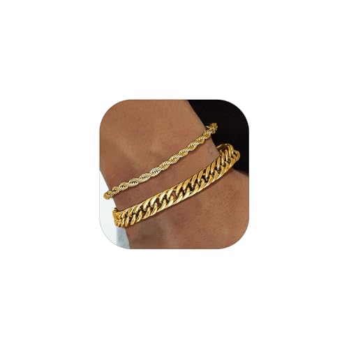 Richsteel Edelstahl 2 Stück Armbänder für Herren gestapelt 8MM Double Weave Arc Armband & 3MM Twist Armband Gold 23CM von Richsteel