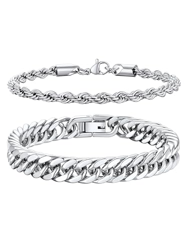 Richsteel Edelstahl 2 Stück Armbänder für Herren gestapelt 8MM Double Weave Arc Armband & 3MM Twist Armband Silber 19CM von Richsteel