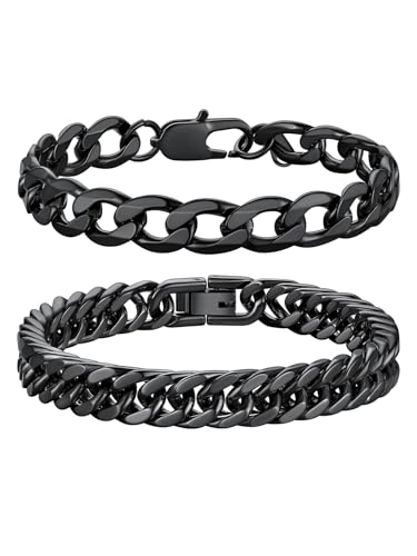 Richsteel Edelstahl 2 Stück Armbänder für Herren gestapelt 9MM breites Armband & 8MM Double Weave Arc 4 Seite Schleifen Armband Schwarz 23CM von Richsteel