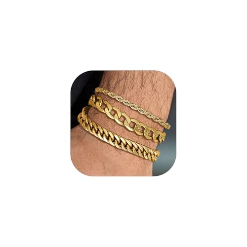 Richsteel Edelstahl 3 Stück Armbänder für Herren gestapelt 9MM Breite 1:1 Kette & 8MM Breite Double Weave Runde Bogen 4 Seite Schleifen & 3MM Twist Armband Gold 21CM von Richsteel