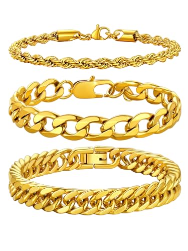 Richsteel Edelstahl 3 Stück Armbänder für Herren gestapelt 9MM Breite 1:1 Kette Armband & 8MM Breite Double Weave Runde Bogen 4 Seite Schleifen Armband & 3MM Twist Armband Gold 23CM von Richsteel