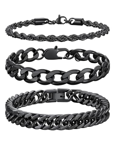 Richsteel Edelstahl 3 Stück Armbänder für Herren gestapelt 9MM Breite 1:1 Kette Armband & 8MM Breite Double Weave Runde Bogen 4 Seite Schleifen Armband & 3MM Twist Armband Schwarz 19CM von Richsteel