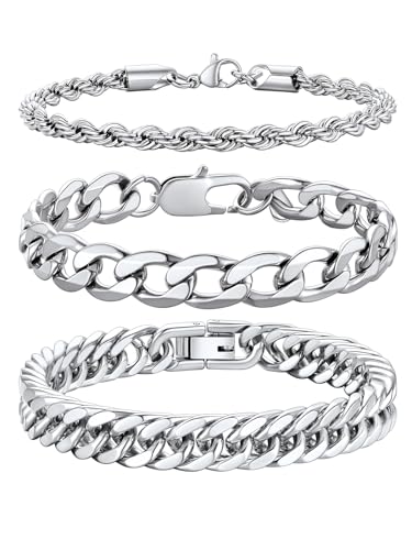 Richsteel Edelstahl 3 Stück Armbänder für Herren gestapelt 9MM Breite 1:1 Kette Armband & 8MM Breite Double Weave Runde Bogen 4 Seite Schleifen Armband & 3MM Twist Armband Silber 21CM von Richsteel