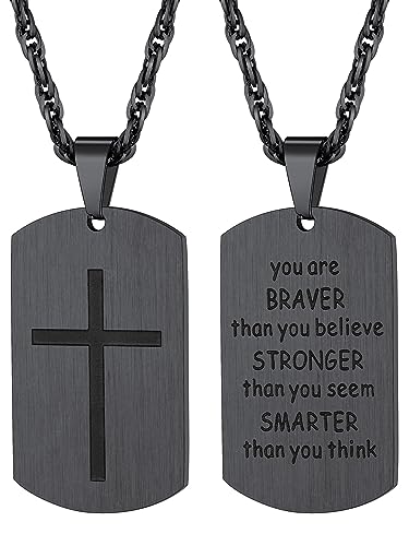 Richsteel Herren Military Plaque Kreuz Halskette Gravierter Anhänger BRAVER Dog Tag Halskette aus Edelstahl mit Kette Personalisierter Schmuck Geschenk für Männer Jungen Schwarz von Richsteel