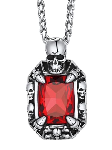 Richsteel Edelstein Smaragd-Schliff Anhänger Halskette für Damen Herren Edelstahl Gothik Punk Schädel 15.5 * 20.5mm Rubinrot K9 Glas 55+5cm Kette Silber von Richsteel