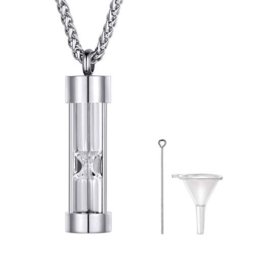 Richsteel Feuerbestattung Asche Urne Schmuck aus 316L Edelstahl Silber Sanduhr Glasanhänger Andenken mit 55+5CM Weizenkette für Damen und Herren von Richsteel