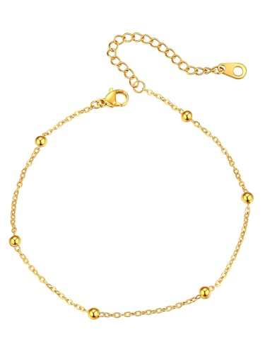 Richsteel Fußkettchen Damen Anklets Schmuck Edelstahl 3.5mm Perlenkette zierlich Sommer Fuß Kette 22cm+5cm Verlängerungskette verstellbare Größe Kette Gold von Richsteel