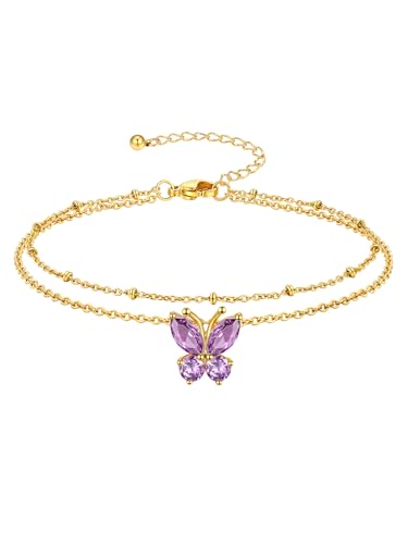 Richsteel Geburtsstein Fußkette für damen Sommer Schmuck Edelstahl Doppelte Fußkettchen Synthetischer Alexandrit Schmetterling Gold Juni von Richsteel