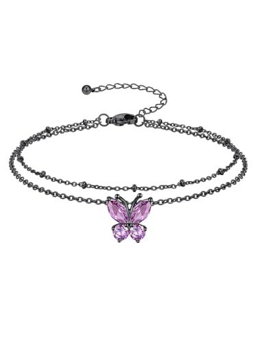 Richsteel Geburtsstein Fußkette für damen Sommer Schmuck Edelstahl Doppelte Fußkettchen Synthetischer Alexandrit Schmetterling Schwarz Juni von Richsteel