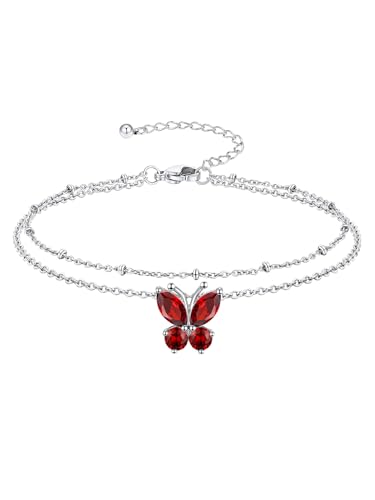 Richsteel Geburtsstein Fußkette für damen Sommer Schmuck Edelstahl Doppelte Fußkettchen Synthetischer Granat Schmetterling Silber Januar von Richsteel