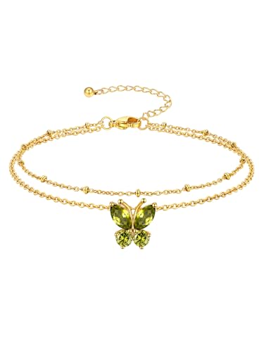 Richsteel Geburtsstein Fußkette für damen Sommer Schmuck Edelstahl Doppelte Fußkettchen Synthetischer Peridot Schmetterling Gold August von Richsteel