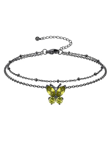 Richsteel Geburtsstein Fußkette für damen Sommer Schmuck Edelstahl Doppelte Fußkettchen Synthetischer Peridot Schmetterling Schwarz August von Richsteel