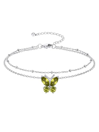 Richsteel Geburtsstein Fußkette für damen Sommer Schmuck Edelstahl Doppelte Fußkettchen Synthetischer Peridot Schmetterling Silber August von Richsteel