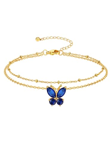 Richsteel Geburtsstein Fußkette für damen Sommer Schmuck Edelstahl Doppelte Fußkettchen Synthetischer Saphir Schmetterling Gold September von Richsteel