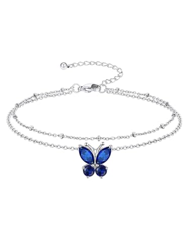Richsteel Geburtsstein Fußkette für damen Sommer Schmuck Edelstahl Doppelte Fußkettchen Synthetischer Saphir Schmetterling Silber September von Richsteel
