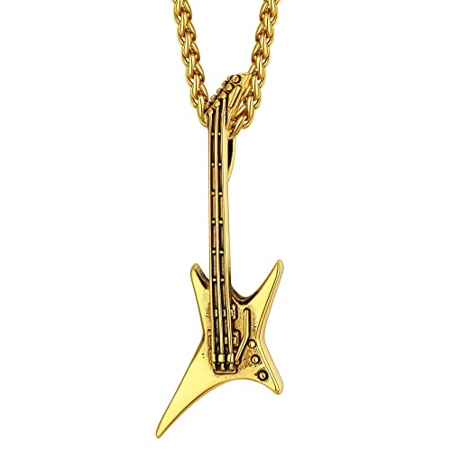Richsteel Halskette Gitarre Rock Punk Musik Anhänger Gothic Edelstahl mit verstellbarer Kette 55+5 cm Hip Hop Punk Schmuck für Männer Jungen Gold von Richsteel