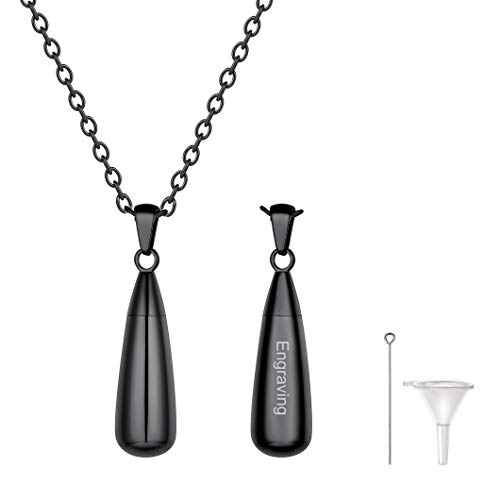Richsteel Memorial Asche Andenken mit Gravur aus 316L Edelstahl Wassertropfen Feuerbestattung Halskette schwarze Teardrop Anhänger mit Rolokette von Richsteel