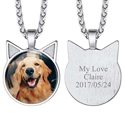 Richsteel Personalisierter Katze Anhänger Halskette mit Foto Text Gravur Damen Mädchen Bild Amulett mit Katze kette für Tochter Schwester von Richsteel