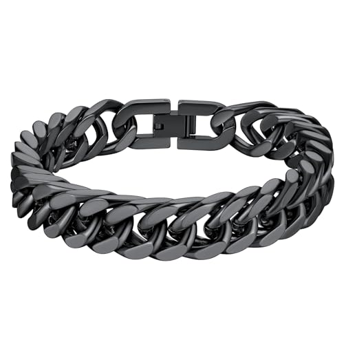 Richsteel Punk Panzerarmband 12mm breit 21cm lang Kubanische Armskette Schwarz Partnerarmband mit Geschenkebox für Paar Pärchen von Richsteel