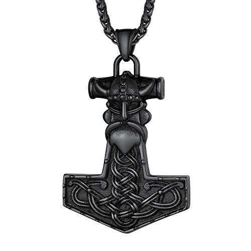 Richsteel Schwarz Mjölnir Anhänger Thors Hammer Halskette mit Odin Helm Wikinger Kette für Jeden Tag von Richsteel