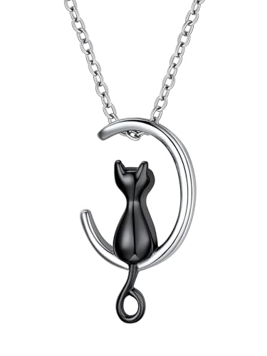 Richsteel gravierbarer Memorial Asche Andenken aus Edelstahl schwarze Katzen sitzen auf dem Mond Anhänger mit 46+5cm O Kette für Unisex von Richsteel